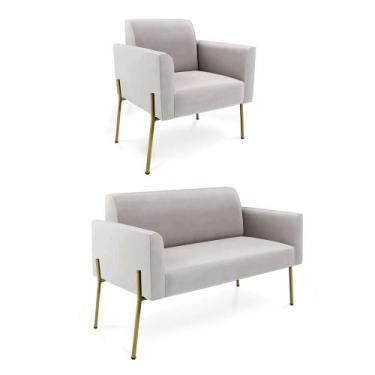 Imagem de Sofá Namoradeira E Poltrona Pé De Ferro Dourado Salão Marisa Veludo Ci