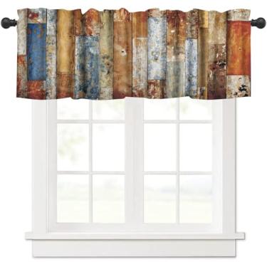 Imagem de Cortinas de porta de celeiro de madeira rústica curtas e sanefas para cozinha, vila de madeira vintage fazenda país padrão colorido cortinas janela 1 painel bolso varão cortinas café saia para