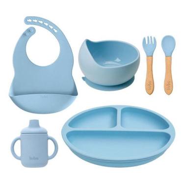 Imagem de Kit Refeição Babador + Copo + Prato + Bowl + Talheres Buba, Azul