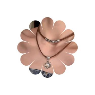 Imagem de Sttiafay Colar gargantilha de couro em camadas com pingente de pedra do sol e lua marrom corrente de camurça vintage colar de couro tribal joia para mulheres, Zinco, Sem Pedra Preciosa