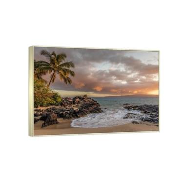 Imagem de Impressões de arte de parede de praia com moldura de prata champanhe decorações de parede para quarto escritório praia nuvens modernas mar praia imagens de paisagem marítima 70 x 98 cm (27,6 x 38,5