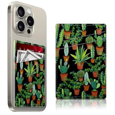 Imagem de ADQWIOVL Porta-cartão de telefone de couro, carteira de telefone bonita, suporte de cartão de crédito para capa de telefone, adesivo de bolso duplo na parte traseira da maioria dos telefones, Cacto