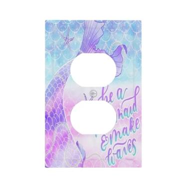 Imagem de Linda infantil menina roxo rosa azul peixe sereia escamas cauda citações oceano submarino 1 gangue placa de parede dupla receptáculo elétrico tampa decorativa dispositivo duplo tamanho médio