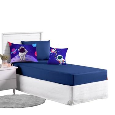 Imagem de Jogo Lençol Roupa Cama Infantil Elastico Solteiro 4 Pçs Quarto Criança Simples Astronauta Marinho