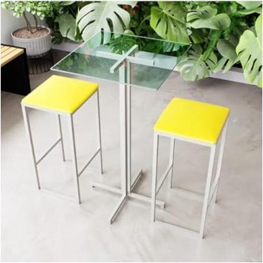Imagem de Conjunto Mesa Alta Bar Bistrô Quadrada Vidro 2 Bancos Estofado Industrial White (Amarelo)