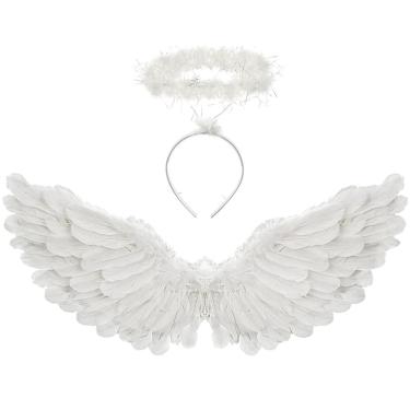 Imagem de Fantasia Bohosm Angel Wings and Halo Adult Angel Fantasias para crianças, meninas e meninos, Halloween e Natal (brancas)