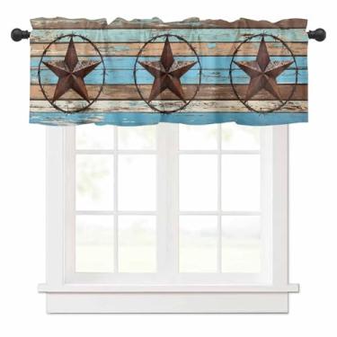 Imagem de Cortina patriótica para janela Dia da Independência, tratamento de janela, celeiro, estrelas, vintage, azul, marrom, grão de madeira, 4 de julho, varão com bolso para varão, 137 x 45 cm, sanefa de