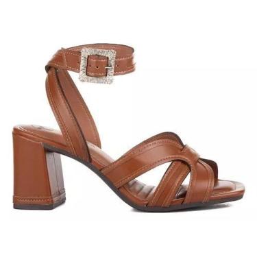 Imagem de Sandália Tanara Feminina Elegante Salto Grosso Confortável, 37, Carame