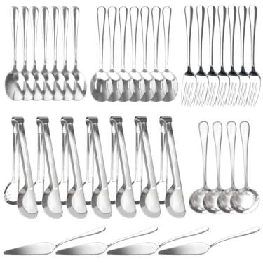 Imagem de Conjunto de 36 utensílios de aço inoxidável – conjunto de talheres de prata inclui colheres grandes, colheres com fenda, garfos, concha de sopa, servidor de tortas e pinças para cozinha, buffet