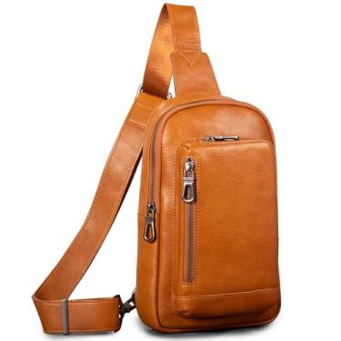 Imagem de CENUNCO Bolsa tiracolo de couro genuíno para homens e mulheres, bolsa de ombro transversal, mochila tiracolo para o peito, mochila casual para o dia, Bronzeado, Medium, Bolsa tiracolo