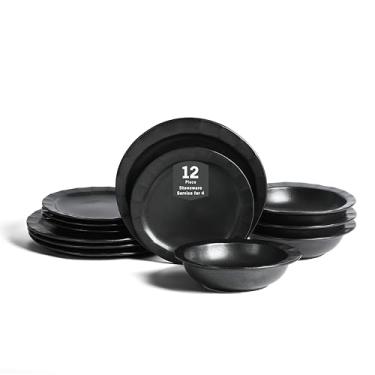 Imagem de Stone Lain Conjunto de louça de grés Oasis, 12 peças - Serviço para 4, preto