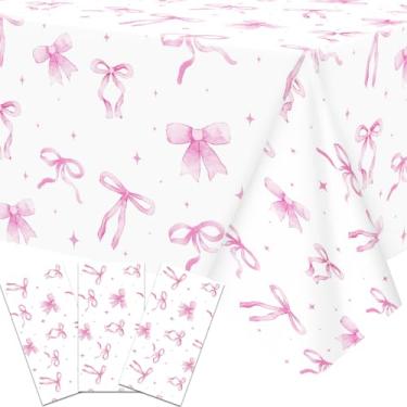 Imagem de 3 peças de toalha de mesa de plástico com laço de fita rosa, 137 x 272 cm, capa de mesa retangular descartável com design de laços em aquarela para chá de bebê, chá de panela, chá e artigos de