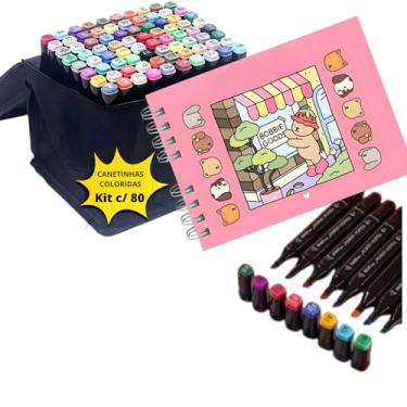 Imagem de Kit de Colorir Urso Bob, 80 Canetas Coloridas + Livro Capa Dura Rosa, Material Terapêutico e Antiestresse, para Crianças e Adultos