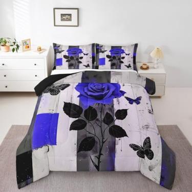 Imagem de jejeloiu Jogo de cama Queen com estampa de borboleta, azul e roxo, para crianças, vintage, rústico, fazenda, madeira, arte geométrica, moderna, edredom e decoração de quarto