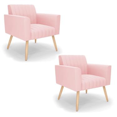 Imagem de Kit 2 Poltronas Viena Gomada Suede Pés Palito Natural - D'rossi Cor Rosa Bebê