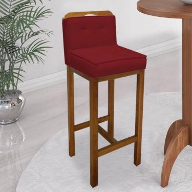 Imagem de Banqueta Alta Com Encosto Agnes Cozinha Balcão Bistrô Base Madeira Carvalho Suede Vermelho