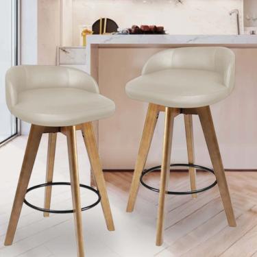 Imagem de Kit 02 Banqueta Alta Com Encosto Berlim Base Giratória Madeira Sintético Bege