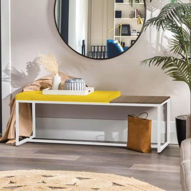 Imagem de Banco Recamier Puff 140cm Industrial Branco Corino Amarelo Tampo Quadrado Mdf Caramelo