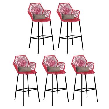 Imagem de Kit 05 Banqueta Alta Sttar Ferro Preto Fibra Vermelho Almofada Corino Bege