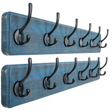 Imagem de Dseap Cabideiro de parede: 61 cm de comprimento, patenteado, resistente, 6 ganchos duplos de madeira montado na parede cabide gancho trilho para casacos de inverno chapéu jaqueta roupas, azul