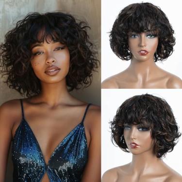 Imagem de JOEDIR HAIR Peruca Curta, Cacheada E Ondulada, Com Franja, Corte Pixie, Cabelo Humano Para Mulheres, Sem Cola, Densidade 150% (Preto Castanho Misto)