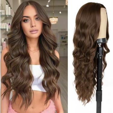 Imagem de Haoland Perucas Longas Castanho Chocolate Para Mulheres, 26" De Renda, Parte Central, Cacheada, Cabelo Sintético Resistente Ao Calor, Com Aparência Natural, Fibra, Uso Diário Festas