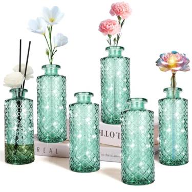 Imagem de AssHMKIT Vaso de flores de vidro, verde, vaso pequeno, 6 conjuntos, estilo simples, formato quadrado, centros de mesa para decoração de casa, aniversário, casamento