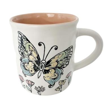 Imagem de Caneca de café de cerâmica de 425 g, xícara de chá pintada à mão para escritório e casa, caneca de borboleta fofa, melhores presentes para mulheres e homens, lavável na lava-louças no micro-ondas
