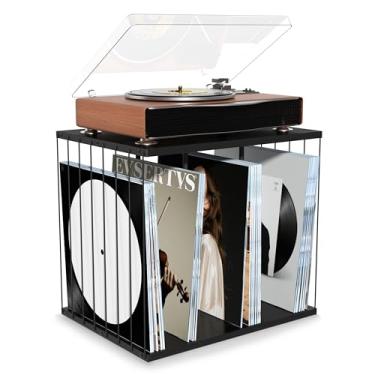 Imagem de Suporte para toca-discos de 3 compartimentos com armazenamento de discos de vinil para mais de 100 LPs – Prateleira de discos multifuncional e porta-revistas, porta-discos para móveis que economizam