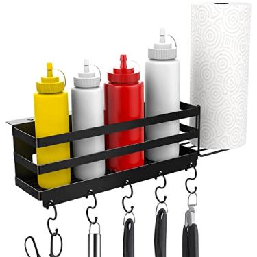 Imagem de RUSFOL Suporte de chapa de aço inoxidável melhorado com suporte de toalha de papel livre de oscilação para grelhas de pedra negra de 71 cm/91 cm, caixa de armazenamento de acessórios para churrasco que economiza espaço, livre de furos e fácil de instalar