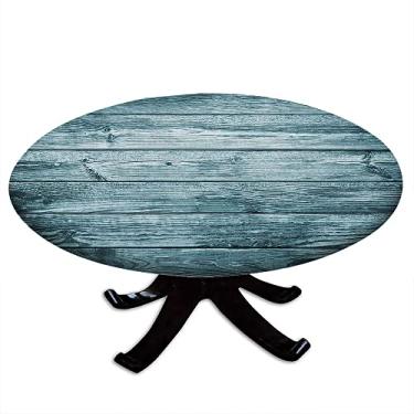 Imagem de Toalha de mesa redonda de madeira com borda elástica, estampa de textura de prancha de madeira, design de impressão 3D, adequada para mesas de jantar, festas de autoatendimento e acampamento, adequada