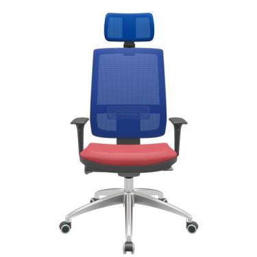 Imagem de Cadeira Office Brizza Tela Azul Com Encosto Assento Vinil Vermelho Aut
