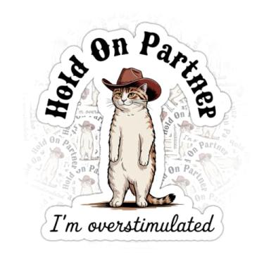 Imagem de 3 peças de adesivo Hold On Partner I'm Overstimulated – Decalque de vinil engraçado com citação de gato caubói à prova d'água para laptop, copo, capacete, garrafa de água, carro – presente para
