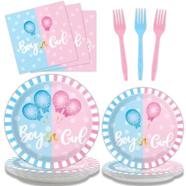 Imagem de Conjunto de 96 peças de decoração de festa revelação de gênero para ele ou ela conjunto de utensílios de mesa rosa ou azul revelação de gênero pratos de sobremesa guardanapos, garfos, lembrancinhas de