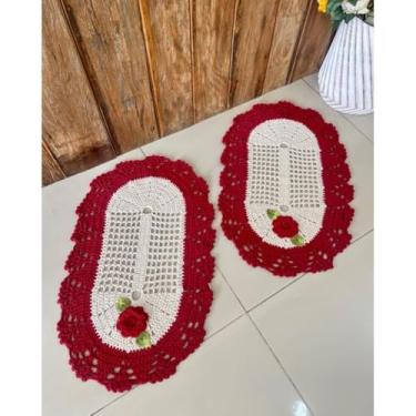 Imagem de Kit 2 Tapetes 70x50cm Oval Bordado Crochê Artesanal (Vermelho)