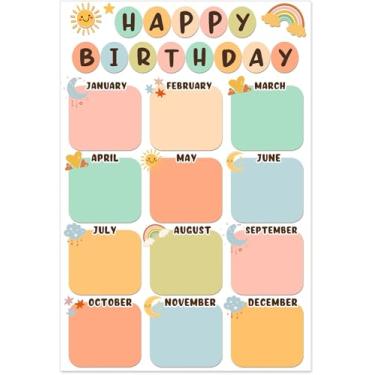 Imagem de AREOK Tabela de aniversário Boho para sala de aula reutilizável laminado - Pôster de feliz aniversário pastel para decoração de parede de sala de aula, decoração de quadro de avisos de aniversário