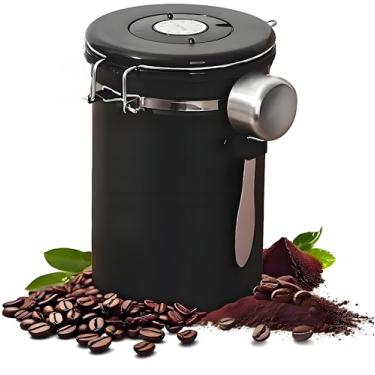 Imagem de Etmdoeve Lata De Café Com Tampa Hermética, Recipiente Armazenamento Grãos Aço Inoxidável Rastreador Data E Colher, Cozinha Para Alimentos Moídos, Grãos, Chá, Farinha, Cereais, Açúcar, 22 Oz, Preto