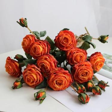 Imagem de 1 maço de 2 peônias artificiais europeias, rosas de chá, camélias, flores artificiais de seda, faça você mesmo, decoração de jardim para casamento (laranja)