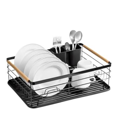 Imagem de Escorredor de Louça de Aço Preto com Alças de Madeira – Suporte 9 Pratos + Porta Talheres – Design Elegante e Moderno
