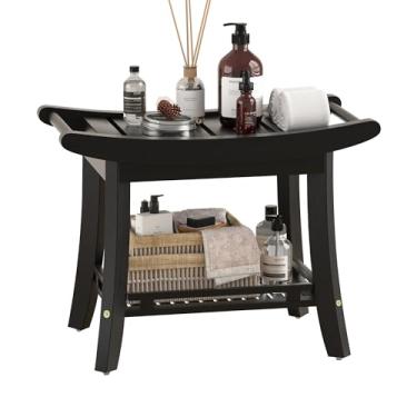 Imagem de Eastglory Banco De Chuveiro Bambu, Cadeira, Assento Para Banheiro, Banheira Interna, Com Prateleira Armazenamento, Apoio Os Pés, Pernas Barbear, 25,2 X 13 19,2" Preto