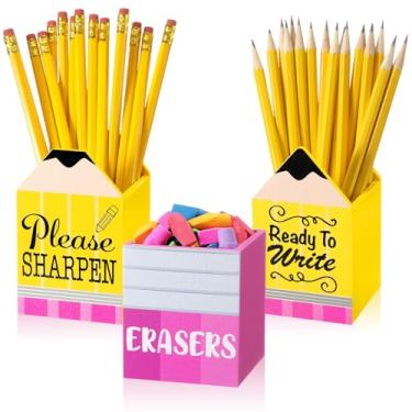 Imagem de Gilprop 3 peças de porta-lápis afiados e sem brilho, baldes de borracha, dispensador de madeira, suporte de caneta acabado, não faça você mesmo, para professores de volta às aulas, gerenciamento de