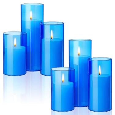 Imagem de Shihanee Conjunto de 6 velas de pilar e vasos cilíndricos de vidro suportes de vela de cilindro transparente para velas finas e altas de pilar de centro de mesa de casamento (2,8" x 12 cm, 15 cm, 20