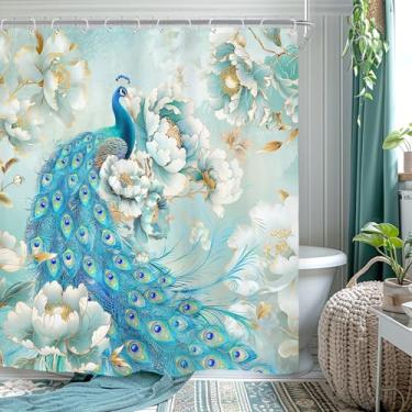 Imagem de Riyidecor Cortina de chuveiro floral pavão para decoração de banheiro 60Wx72H flores azul-petróleo ouro branco peônia rosa linda morden feminino elegante arte impressa tecido poliéster impermeável