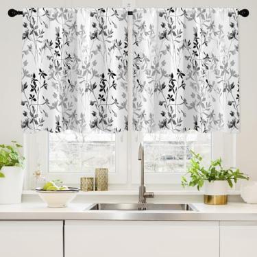 Imagem de SHAPTOY Cortinas de cozinha em aquarela preto branco cinza floral para janelas sobre a pia 61 cm de comprimento, flores de casa de fazenda, bolso para varão, cortinas curtas para café, banheiro