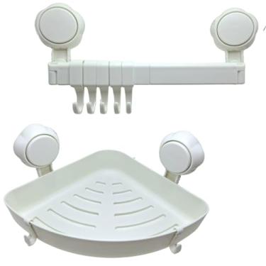 Imagem de Kit Suporte com Ventosas: Toalheiro com Gancho + Prateleira de Canto – Instalação Sem Furos – Ideal para Cozinha e Banheiro