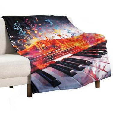 Imagem de Cobertor grande de flanela de lã 127 x 178 cm, teclado de piano colorido, nota musical, supermacio, cobertor para todas as estações, uso para sofá-cama, cobertor grosso e leve