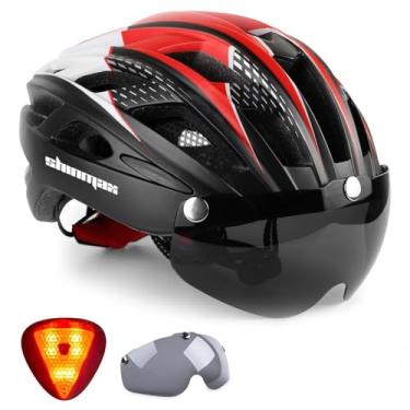 Imagem de Capacete de bicicleta para adultos Shinmax, capacete de bicicleta CPSCCE, padrão de segurança, capacete de ciclismo/embreagem/MTB/BMX capacete ajustável com viseira de proteção removível/luz de LED traseira para homens e mulheres na estrada SM-T69, Black red white