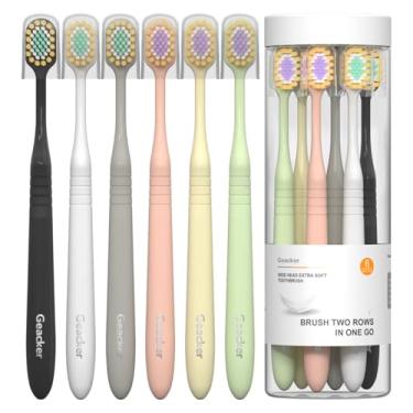 Imagem de Geacker Escova de dentes extra macia para adultos com cabeça larga – cerdas nano ultramacias, escova de dentes manual suave com capa para dentes e gengivas sensíveis, pacote com 6, várias cores, para