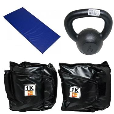 Imagem de Kit Colchonete Azul + Caneleira 1Kg + kettlebell Pintado 6kg - 1 Fit