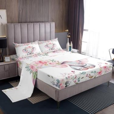 Imagem de Erosebridal Jogo de lençol solteiro com elefante, rosa fofa, elefante kawaii, rosa, animal, flor, vida selvagem, 1 lençol com elástico, 1 lençol de cima e 1 fronha